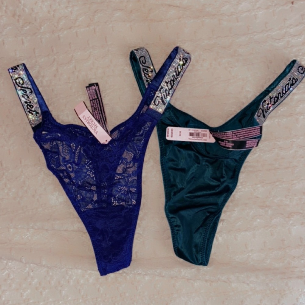BRAND NEW WITH TAGS LOT OF 2 VICTORIAS SECRET THONG BOMBSHELL LACE SHINE STRAP